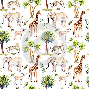 Wild animals - giraffe, elephant, cheetah, antelope in savannah and palm trees. Repeating background. Watercolor