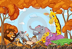 Wild animals group in autumn forest scene