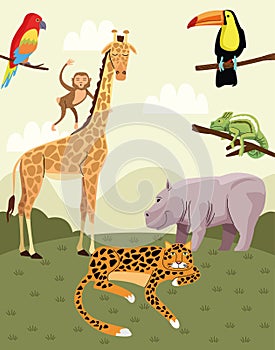 Wild animals group in the field scene