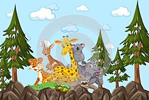 Wild animals group in the forest scene