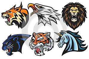 Wild Animals Heads Logo Mascot Set. Lion, Tiger, Jaguar, Lynx, Eagle, Unicorn - Vector Mascot Logo Design Pack