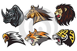 Wild Animals Heads Logo Mascot Set. Rhino, Horse, Lion, Lynx, Eagle, Leopard - Esport Sports Mascot Logo Illustration Design Vecto