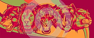 Wild Animals Heads Set. Lion, Tiger, Jaguar, Lynx - Vector Mascot Logo Design