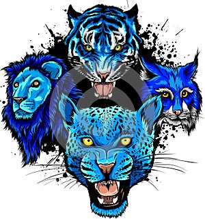 Wild Animals Heads Set. Lion, Tiger, Jaguar, Lynx - Vector Mascot Logo Design