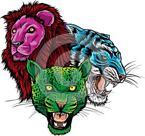 Wild Animals Heads Set. Lion, Tiger, Jaguar, Vector Mascot Logo Design
