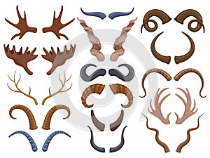 Wild animals horns antlers, reindeer, bull, goat. Hunting trophy deer, ibex, sheep and moose horns isolated vector