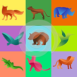 Wild animals jungle pets logo silhouette of geometric polygon abstract character and nature art graphic creative zoo photo