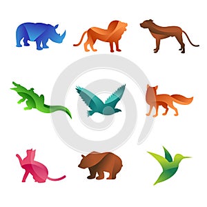 Wild animals jungle pets logo silhouette of geometric polygon abstract character and nature art graphic creative zoo