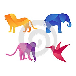Wild animals jungle pets logo silhouette of geometric polygon abstract character and nature art graphic creative zoo
