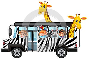 Wild animals and kids on the bus isolated on white background