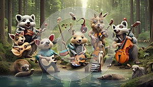 Wild animals music band playing in a lake in the middle of the forest