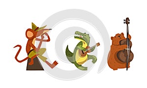 Wild Animals Playing Musical Instruments Set, Funny Rat, Crocodile, Beaver Playing Harmonica, Guitar and Cello Cartoon