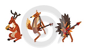 Wild Animals Playing Musical Instruments Set, Hedgehog, Deer, Fox Playing Electric Guitar, Harmonica Cartoon Vector