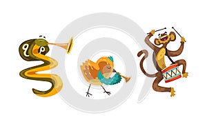 Wild Animals Playing Musical Instruments Set, Monkey, Bird, Cobra Snake Playing Drum and Trumpet Cartoon Vector