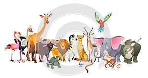 Salvaje los animales. animales y plantas feliz el un elefante loro jirafa avestruz flamenco lindo la jungla 