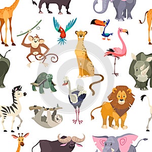 Wild animals seamless pattern. African safari print jungle zoo tropical leaves wallpaper textile cute kid animal flat