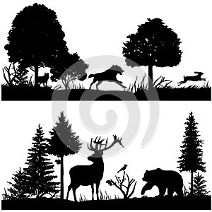 Wild animals silhouettes in green fir forest vector illustration