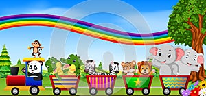Wild animals on the train with rainbow illustration