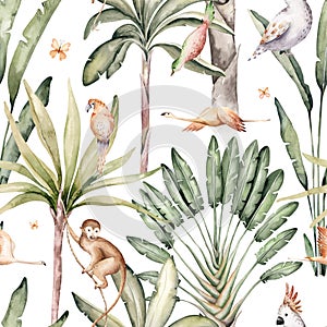 Wild animals watercolor seamless pattern with giraffe and elephant, monkey with cockatoo, parrot savannah with palm trees.