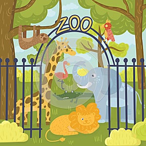 Wild animals in zoo park. Giraffe, elephant, parrot, lion, sloth, koala bear, flamingo, crocodile and tiger. Nature