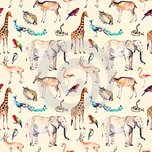 Wild animals - zoo, wildlife. Seamless pattern. Watercolor