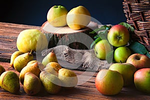 Wild apples on wooden table