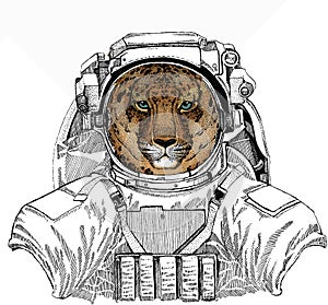 Wild astronaut animal in spacesuit. Deep space. Galaxy. Leopard head. Wild cat. Animal for african safari logo emblem.