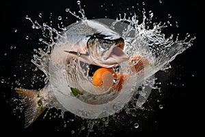 Wild atlantic salmon leaping out of water with a huge splash, dramatic black background