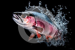 wild atlantic salmon leaping with splash on black background, majestic fishs jump