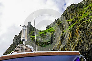 Wild Atlantic Way: Skellig Michael Island, 44 acres of jagged inhospitable rock, seen from tour boat; UNESCO World Heritage Site.