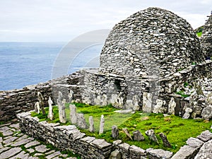 Wild Atlantic Way: Skellig Michael Monastery, The Monks` Graveyard and Large Oratory, constructed above the Atlantic Ocean