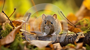 Wild Bank vole (Myodes glareolus) mouse posing on log on autumn scene forest floor. AI Generative