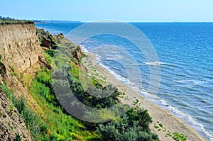 Wild beach on a background of blue sea.