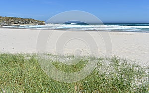 Salvaje Playa césped sobre el arena dunas acantilado a ondas romper cielo azul.,, 