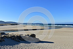 Wild beach with river, dunes, golden sand, waves and blue sky. Galicia, Spain.