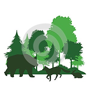 Wild bear and fox with rabbit silhouettes in landscape