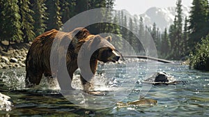 Wild bear hunting for salmon in mountain river in summer, brown grizzly animal in water on green trees background. Concept of photo