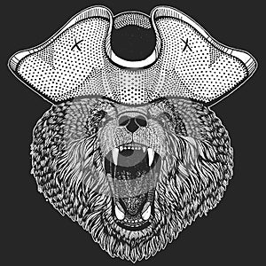 Wild bear. Pirate cocked hat. Portrait of animal for emblem, logo, tee shirt.