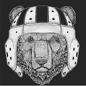 Wild bear. Rugby leather helmet. Portrait of animal for emblem, logo, tee shirt.