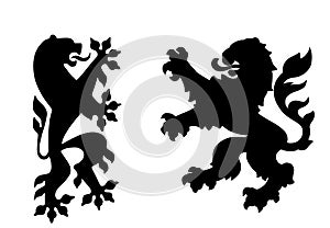 Wild beast lions fight battle vector silhouette illustration isolated on background. Heraldic lion.