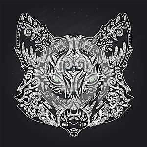 Wild beautiful fox head hand drawn in chalk on a black background. Color book. Fashion in a vector illustration