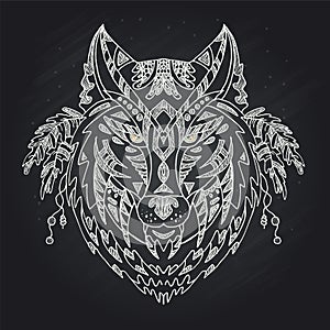 Wild beautiful wolf head hand draw on a chalk board background.Fashion boho american steam punk style in a vector illustration