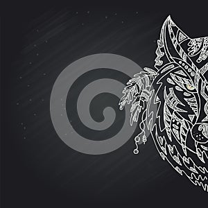 Wild beautiful wolf head hand draw on a chalk board background.Fashion boho american steam punk style in a vector illustration