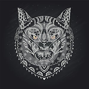 Wild beautiful wolf head hand draw on a chalk board background. Fashion steam punk style in a vector illustration
