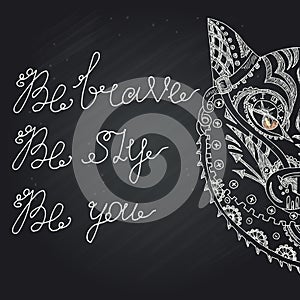 Wild beautiful wolf head hand draw on a chalk board background. Fashion steam punk style in a vector illustration