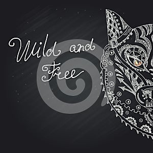 Wild beautiful wolf head hand draw on a chalk board background. Fashion steam punk style in a vector illustration