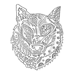 Wild beautiful wolf head hand draw on a white background. Color