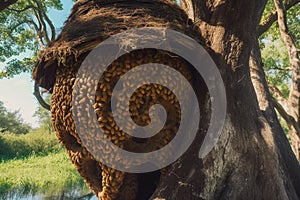 wild bee hive on a tree.