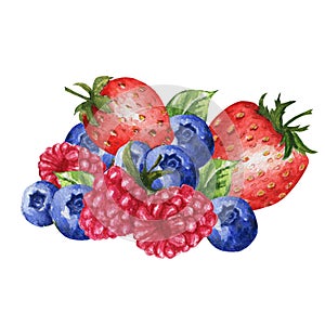 Wild berries mix, strawberry, raspberry, blueberry isolated on white background. Fresh Berry fruit collection. Colorful