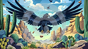 Wild bird predator searching for prey, cartoon modern illustration of a black eagle over a desert landscape, with